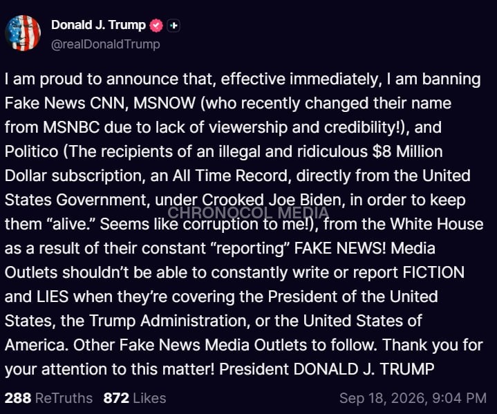 Stati Uniti d'America: ⚡️🇺🇸❌Donald Trump ha bandito l’accesso alla Casa Bianca per i giorn...